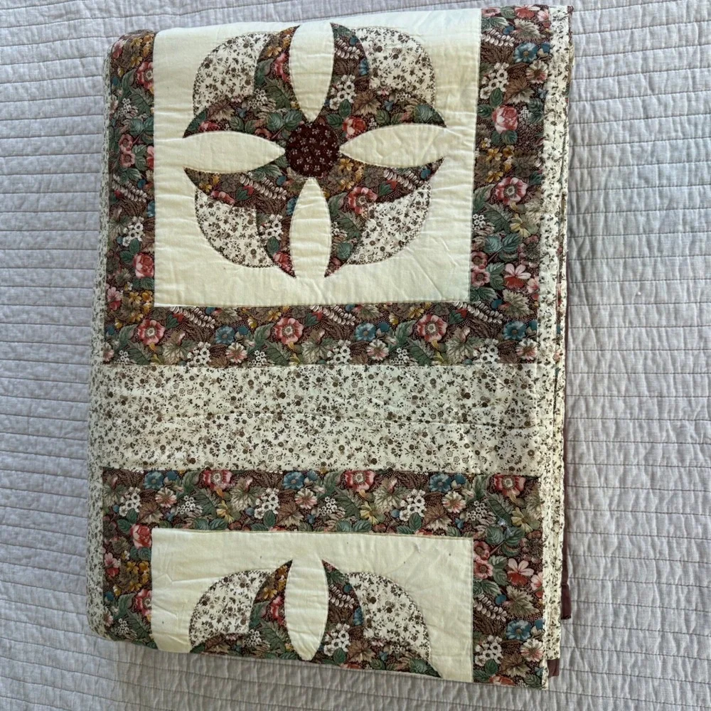 Handmade Floral Patchwork Quilt Applique Country Cottagecore Cream Burgundy